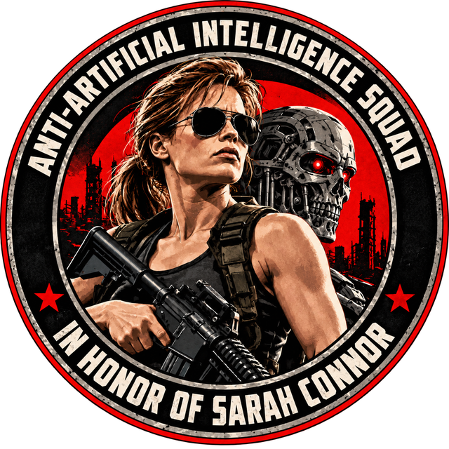 Round emblem of the Anti-Artificial Intelligence Squad: Sarah Connor with a rifle in front of a Terminator skull, inscribed In Honor of Sarah Connor